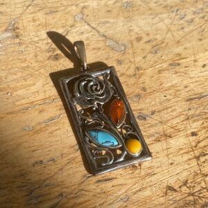 925 Sterling Silver Floral Inlay Pendant | Turquoise & Amber Tone Stone Pendant